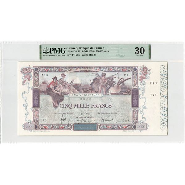 France 5000 Francs 1918 Banque de France Pick 76 PMG Very Fine 30 (Large Size Note)