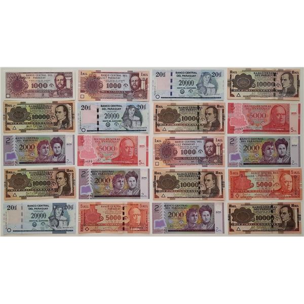 Paraguay 20x 20000 10000 5000 2000 1000 Pesos 2002 - 2017 Paper & Polymer. Most in UNC quality!