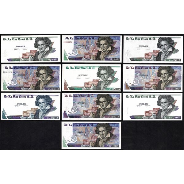 Testnote De La Rue Giori S.A. Varinota 10x Different Varieties Test Note Beethoven. Most in UNC qual
