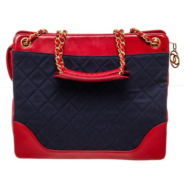 Chanel Red Nevy Denim Canvas Chain Tote Bag