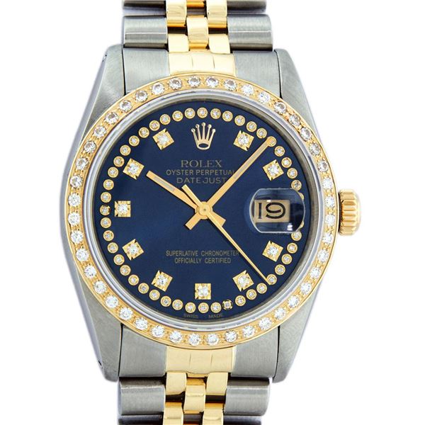 Rolex Mens 2 Tone Blue String VS Diamond Datejust Wristwatch