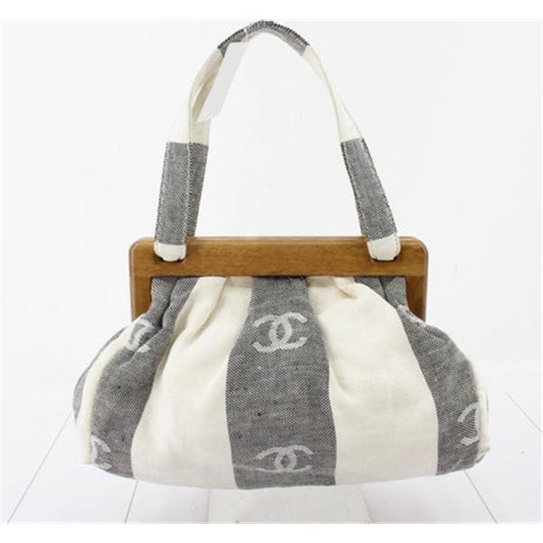 Chanel Grey Ivory Stripes Canvas Wooden Clam Shell Shoulder Bag