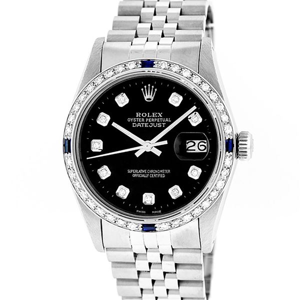 Rolex Mens Stainless Steel Black Diamond & Sapphire 36MM Datejust Wristwatch 36M