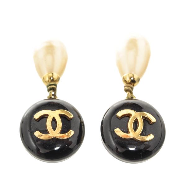 Chanel Black Gold CC Dangle Pearl Earrings