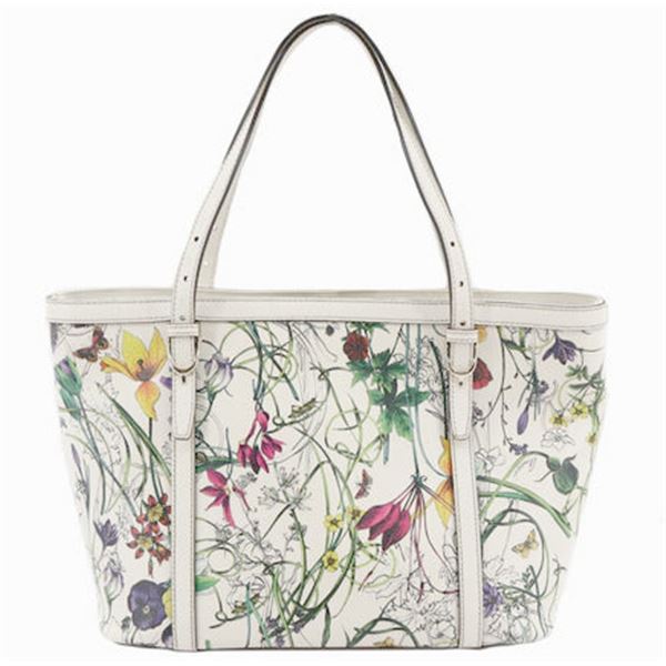 Gucci White Multicolor Flora Print Nice Leather Tote Bag