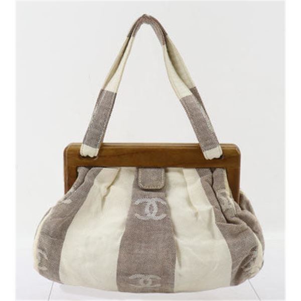 Chanel Grey Ivory Stripes Canvas Wooden Clam Shell Shoulder Bag