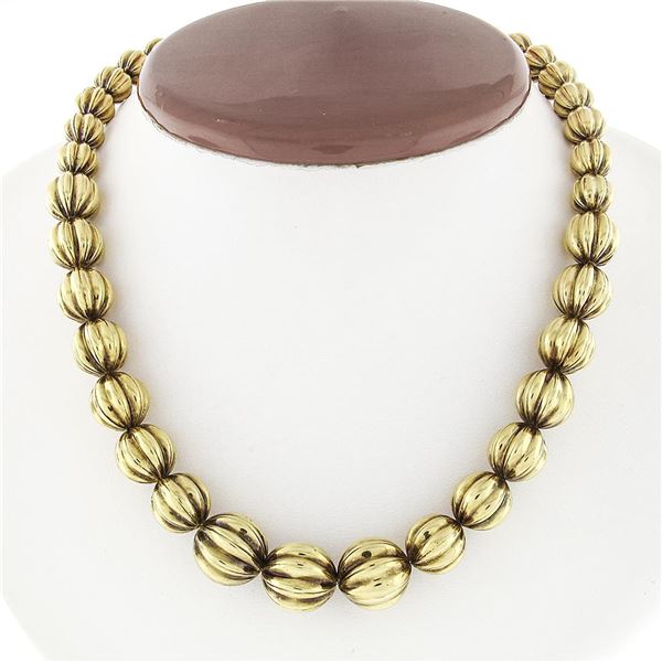 Vintage 14k Yellow Gold 16  Graduated Grooved 8.45-13.00mm Ball Bead Necklace