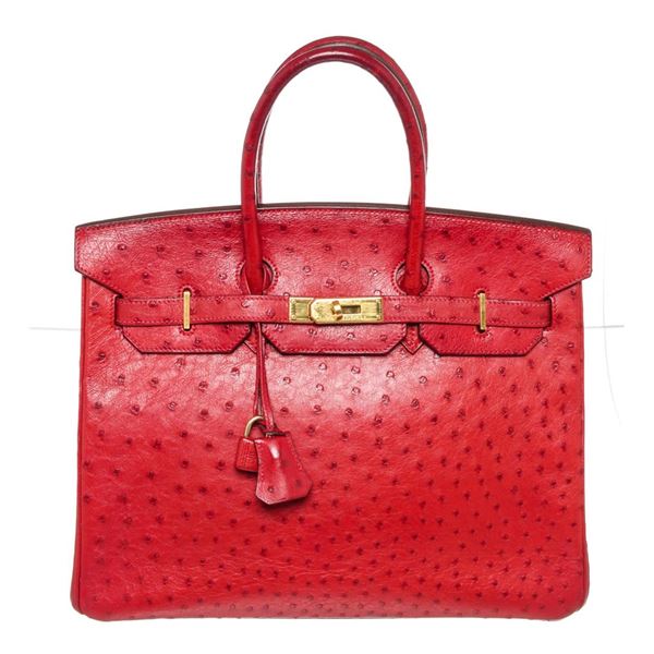 Hermes Red Leather Ostrich GHW Birkin 35cm Satchel Bag