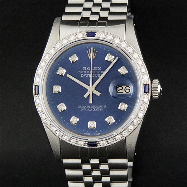 Rolex Mens Stainless Steel Blue Diamond & Sapphire Datejust Wristwatch