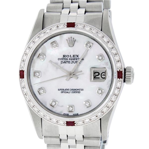 Rolex Mens Stainless Steel MOP Diamond & Ruby 36MM Datejust