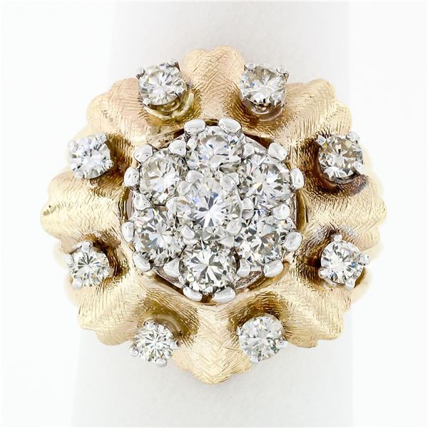 Vintage 14K TT Gold 1.67 ctw Round Brilliant Diamond Cluster Flower Cocktail Rin