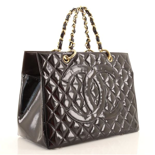 Chanel Vintage Black Quilted Patent Leather Grand Shopping Tote Bag