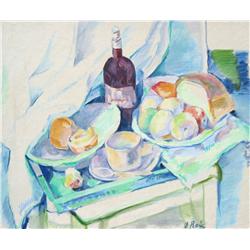 Rodé Still Life with Wine Bottle, Bread & Fruit