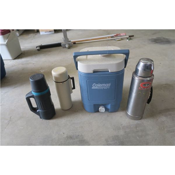 (1) Coleman Cooler, (2) Thermos