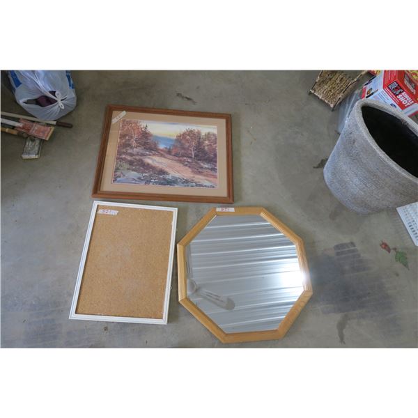 3 Piece Cork Board, 14x17", Mirror 27x27", Painting 24x30"
