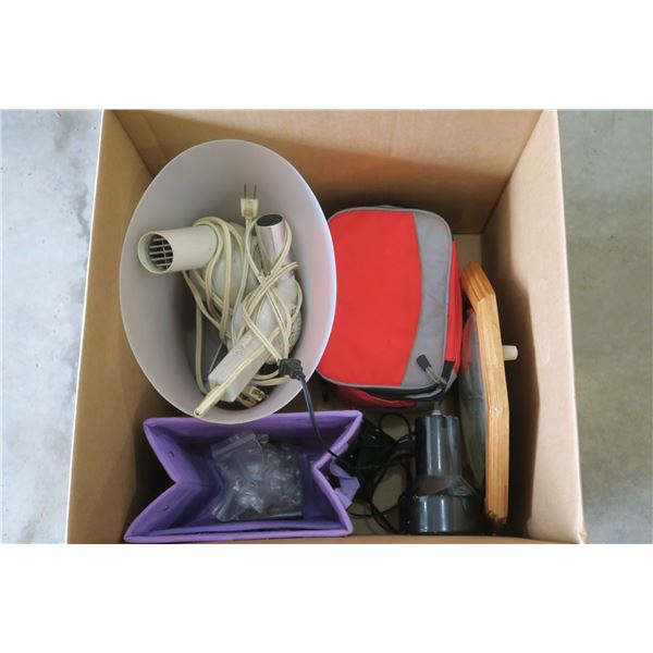 Lot of Household Misc.: (2) Blow Dryers, Clock, Lamp