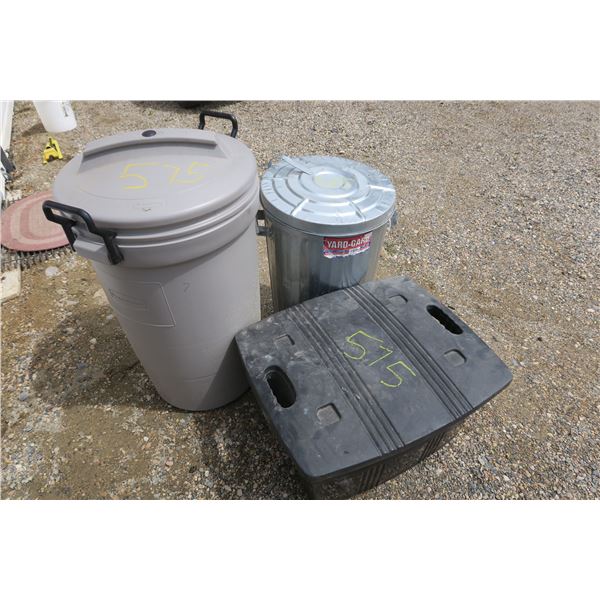 (2) Garbage Bins + Plastic Tote
