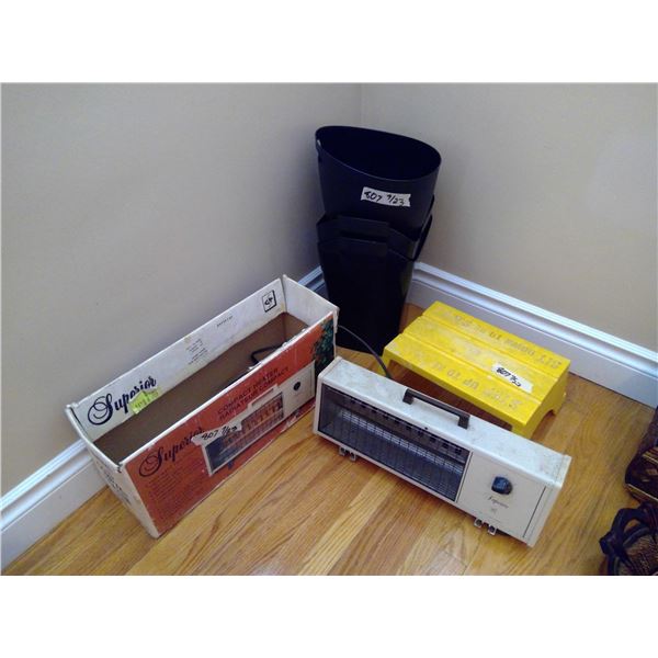 Lot of Misc. Household Items - Superior Compact Heater, Stepping Stool, and Garbage Cans