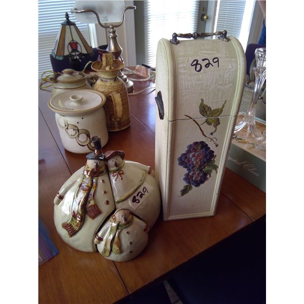 3 Piece Ceramic Snowman Decorations and Tall Grape Vine Chest