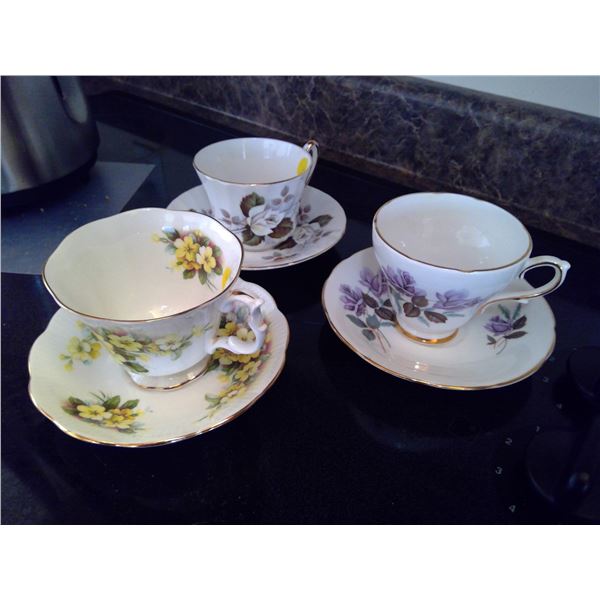 3 China Teacups and Saucers - Delphine and Royal Albert
