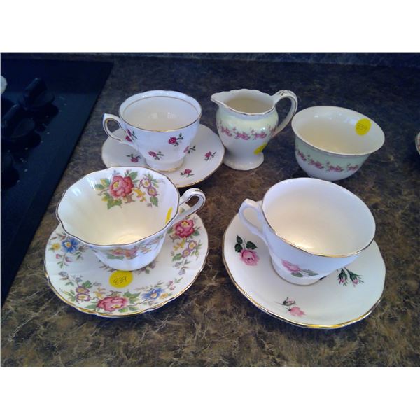 Lot of Chinaware - Teacups, Saucers, Creamer, and Sugar