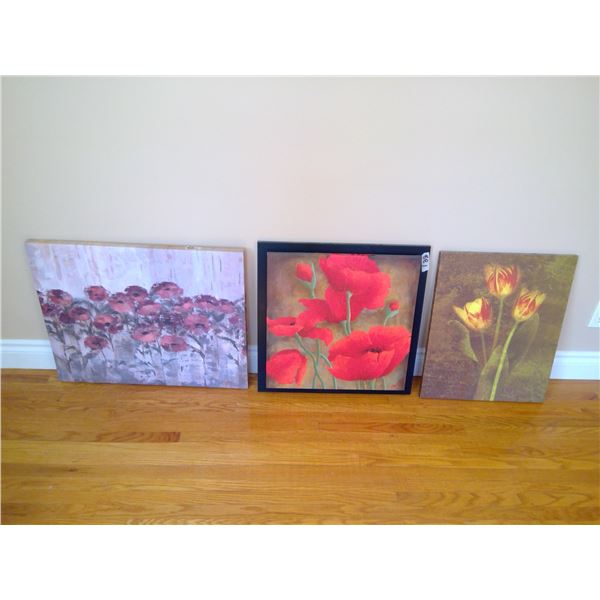 3 Flower Canvases - Poppy and Yellow Flower