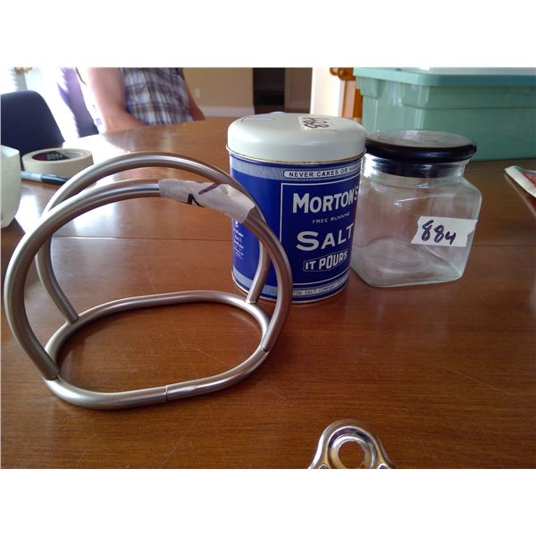 Lot of Misc. Kitchen Items -Morton's Salt Tin, Glass Jar, and Napkin Holder