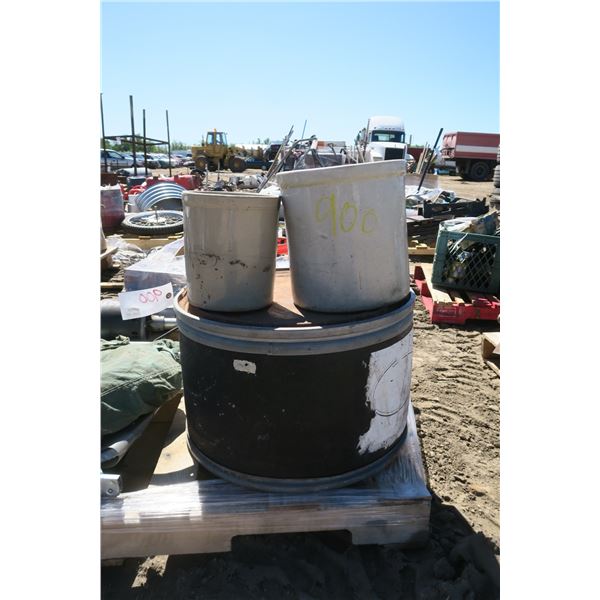 Tin Drum  Container & 2 Crocks: Redwing 3GAL, Medalta 1GAL (has chips)