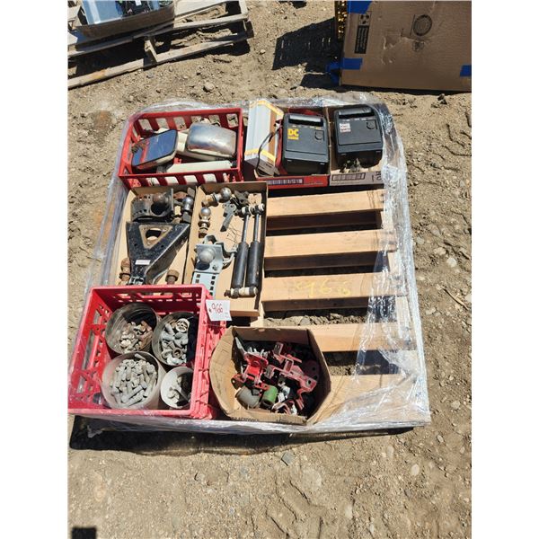 Pallet of Assorted Bolts, Hinges, Hitches, Car Parts, etc.