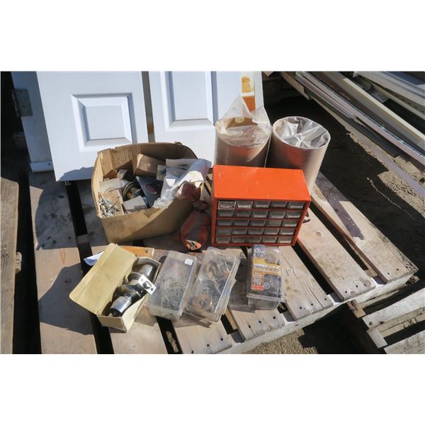 Lot of misc. - Door Hardware, Saw, Parts Tray, Etc.