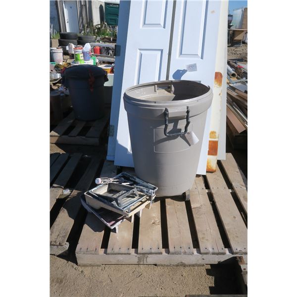 Trash Bin w/ Assorted Bags of Opened Mortar Mix & Painting Supplies