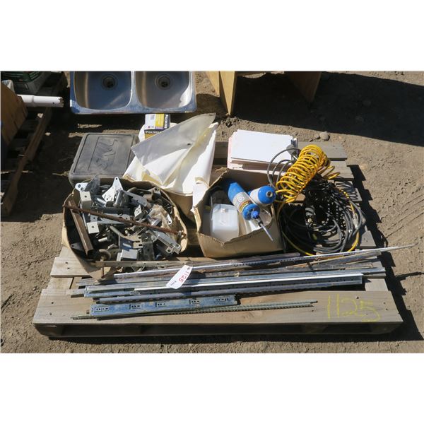 Pallet of Misc. Contractor Supplies - Air Hose, Extension Cord, Hinges, Garage Door Hardware, Tile, 