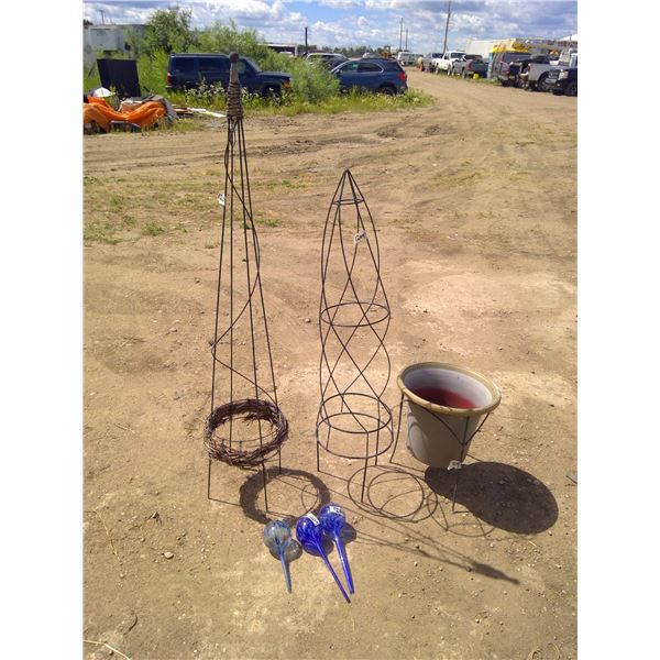 3 Wine Planter Holder (1 1/2' and 4' high) and 3 Blue Garden Globes