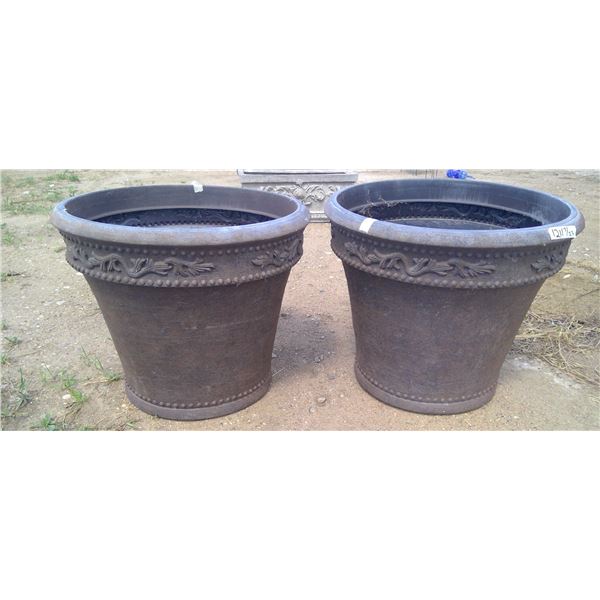 2 Large Black Plastic Planters 20"h, 24" dia (top)