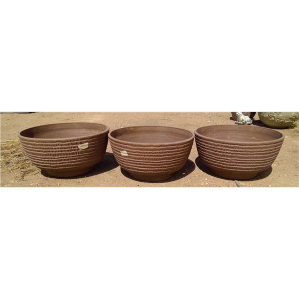 3 Brown Planters - 9"h, 16" dia