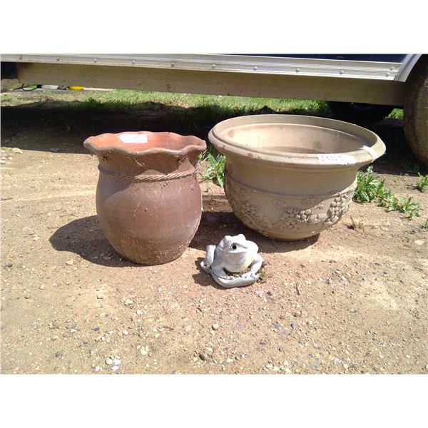 Lot of Garden Décor - Orange Plaster Planter (12"h, 12" dia), Grape Vine Planter (12"h, 18"dia), and