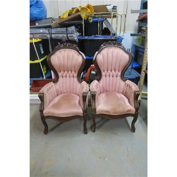 Pair of Matching Wood with Pink Felt Cushioned Chairs