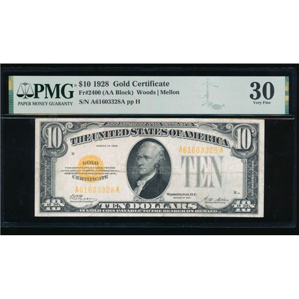 1928 $10 Gold Certificate PMG 30