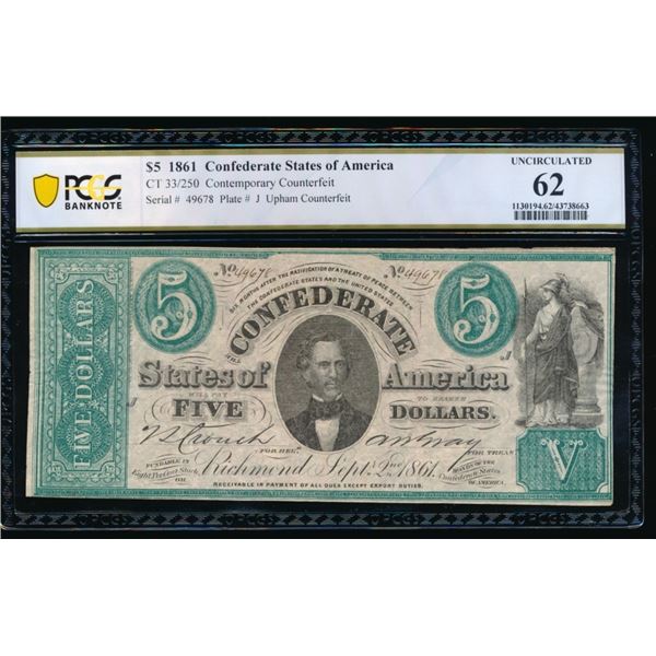 1861 $5 CT-33 Confederate PCGS 62
