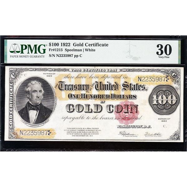 1922 $100 Gold Certificate PMG 30