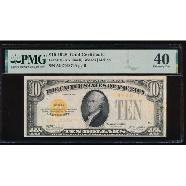1928 $10 Gold Certificate PMG 40