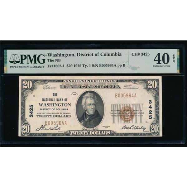 1929 $20 Washington DC National PMG 40EPQ
