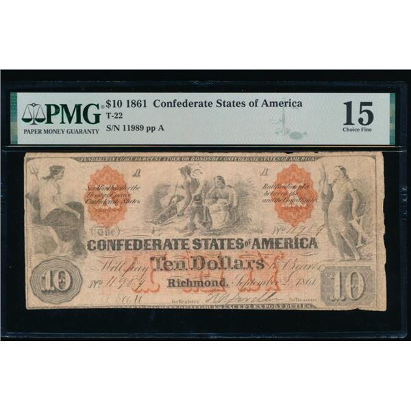 1861 $10 T-22 Confederate PMG 15