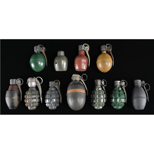 10 INERT FRENCH GRENADES & 1 GRENADE BODY.