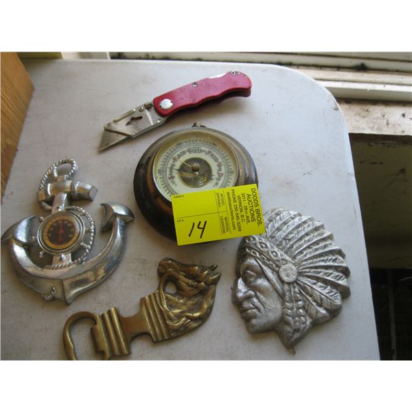 LOT OF MISC. - BAROMETER, OPENER, THERMOMETERS, ETC.