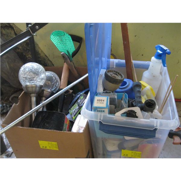 BOX & BIN OF MISC. GARDEN SUPPLIES - SPRINKLERS, SPRAYERS, ETC.