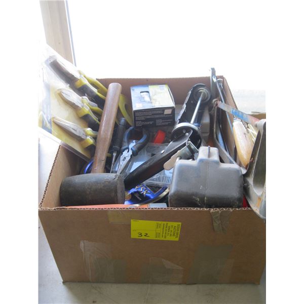 BOX OF MISC. - PLIER SET, FLASHLIGHTS, HACK SAWS, ETC.