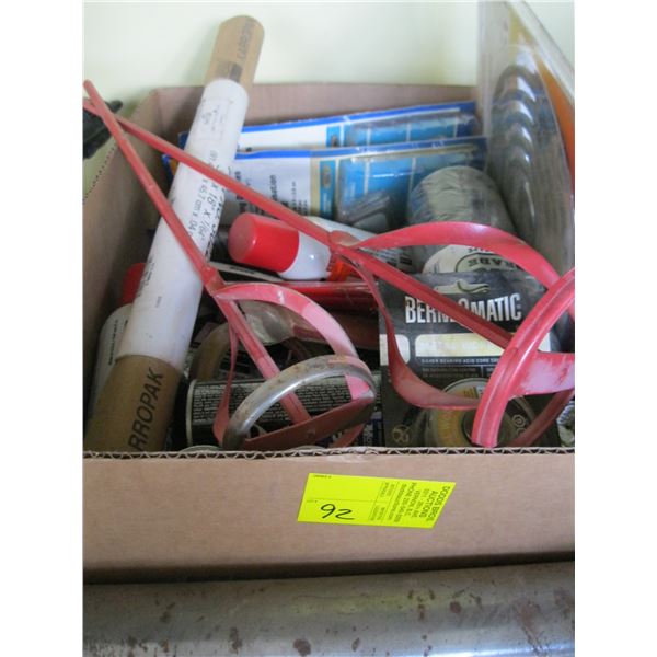 BOX OF MISC. - HATCHET, NEW STOVE BURNER, BUTANE FUEL, ETC.