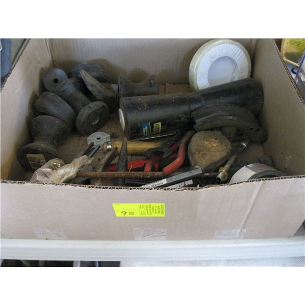 BOX OF MISC. - BOAT ROLLERS, HAMMERS, ETC.