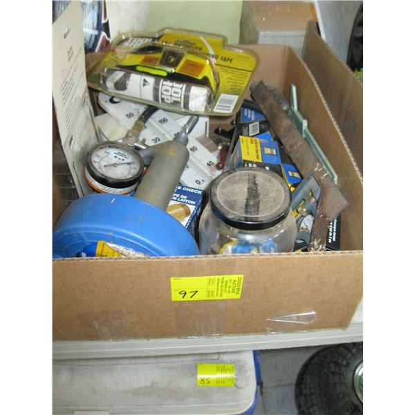 BOX OF MISC. - TAPE MEASURE, 25 FT. PLUMBING SNAKE, GAUGES, ETC.